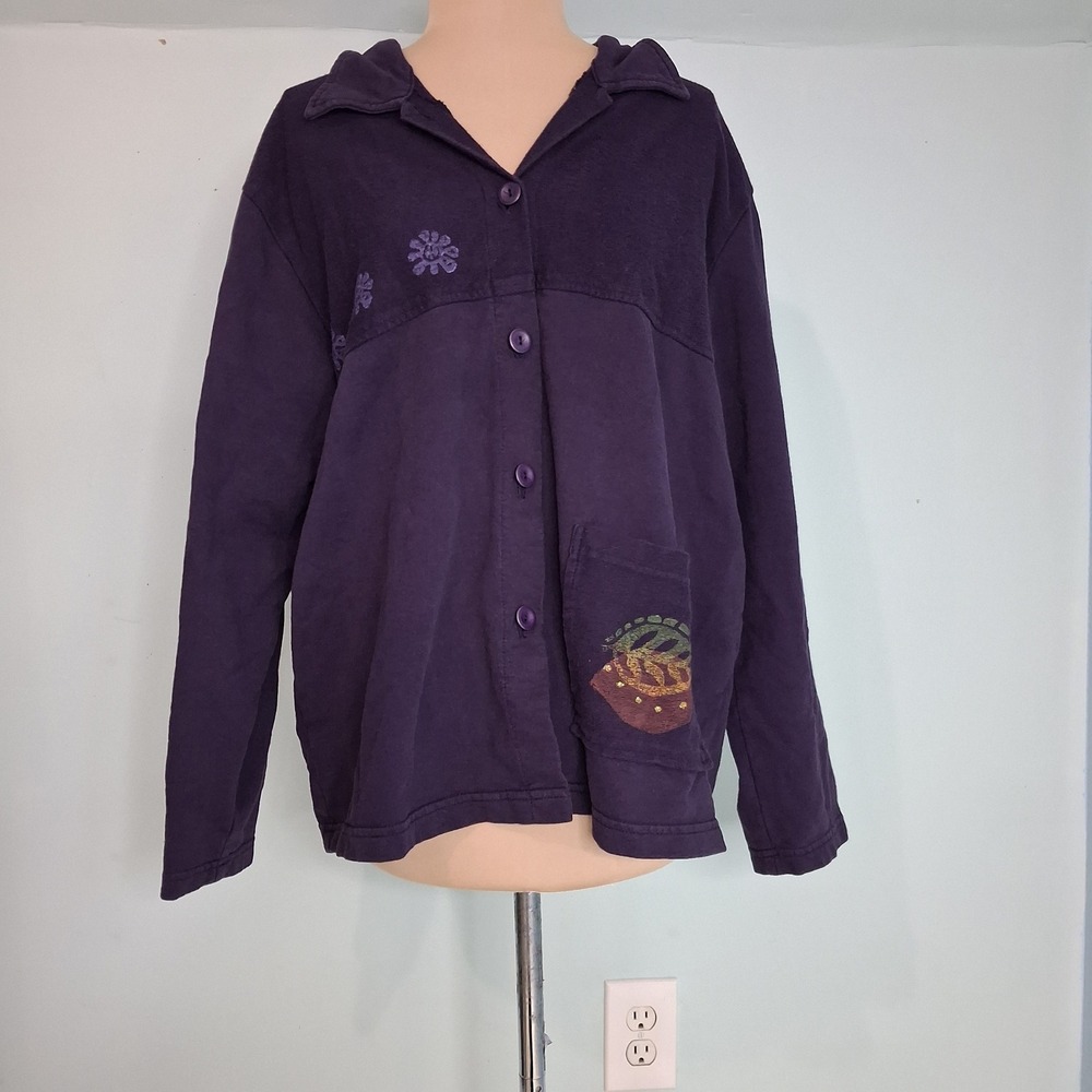 Focus USA Purple‎ Cotton Button Front Jacket screen print Floral Leaf Size Large